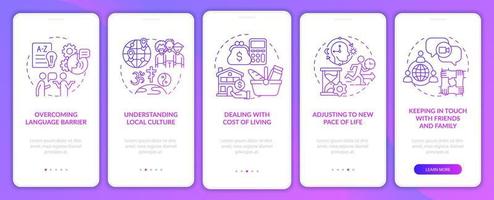 expats kämpar för lila gradient onboarding mobil app sidskärm. genomgång 5 steg grafiska instruktioner med koncept. ui, ux, gui vektormall med linjära färgillustrationer vektor