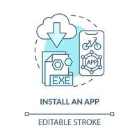 Installieren Sie das Symbol für das blaue Konzept der App. bike sharing nutzung abstrakte idee dünne linie illustration. Dockless-Sharing-Schema. Trailbike-Strecken. Vektor isolierte Umrissfarbe Zeichnung. editierbarer Strich