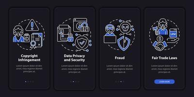 digitalt entreprenörskap riskerar att komma in på mobilappens sidskärm. fair trade genomgång 4 steg grafiska instruktioner med koncept. ui, ux, gui vektormall med linjära nattlägesillustrationer vektor