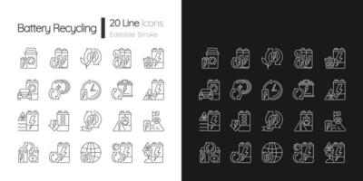linjära ikoner för batteriåtervinning inställda för mörkt och ljust läge. ackumulator återanvändning. återvinning av elektroniskt avfall. anpassningsbara tunna linjer symboler. isolerade vektor kontur illustrationer. redigerbar linje