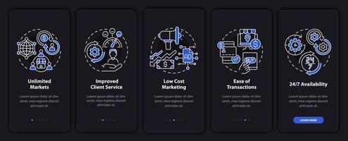 Profis für digitales Unternehmertum beim Onboarding auf der Seite der mobilen App. Kundenservice Walkthrough 5 Schritte grafische Anweisungen mit Konzepten. ui, ux, gui-vektorvorlage mit linearen nachtmodusillustrationen vektor