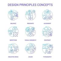 designprinciper blå gradient koncept ikoner set. visuellt innehåll trender idé tunn linje färgillustrationer. isolerade symboler. redigerbar linje. roboto-medium, otaliga pro-bold typsnitt som används vektor