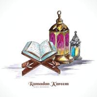 heiliges buch des korans auf dem stand mit arabischen lampen ramadan kareem kartenhintergrund vektor