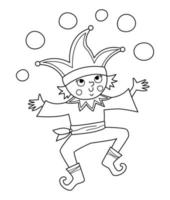Märchen Schwarz-Weiß-Vektor Possenreißer. Fantasy-Line-Jongleur mit lustigem Hut. märchenhafter Hofcharakter. Cartoon-Zauberclown-Symbol oder Malseite vektor