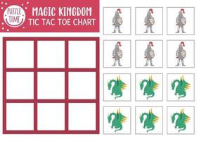 Vektor-Märchen-Tic-Tac-Toe-Diagramm mit Ritter und Drachen. märchenurlaub brettspiel spielfeld mit fantasiefiguren. lustiges magisches königreich druckbares arbeitsblatt. Nullen und Kreuze Raster vektor