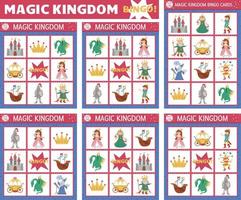 vektor saga bingo kort set. roligt familjelotto brädspel med sött slott, kung, prinsessa, drake för barn. magiska kungariket lotteri aktivitet. enkelt pedagogiskt utskrivbart kalkylblad.
