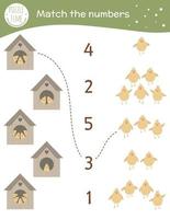 passendes Spiel mit Starenhäusern und süßen Küken. Oster-Mathe-Aktivität für Kinder im Vorschulalter. Arbeitsblatt zum Zählen des Frühlings. Lernrätsel mit lustigen Vögeln. vektor