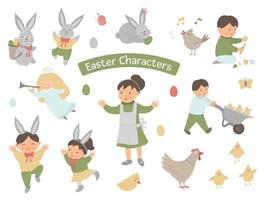 samling av påskkaraktärer. vektor set med söt kanin, barn, färgade ägg, kvittrande fågel, kycklingar, ängel. våren rolig illustration.