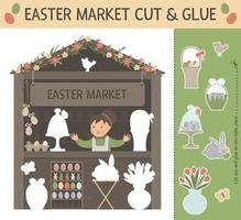 vektor påsk marknaden klippa och limma för barn. vår semester pedagogisk aktivitet med leende försäljare, kanin, fågel, färgade ägg i korgen