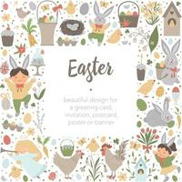 Vektor Ostern quadratischen Layout Rahmen Grenze mit Hasen, Eiern und glücklichen Kindern isoliert auf weißem Hintergrund. christliches feiertagsbanner oder einladung mit platz für text. süße frühlingskartenvorlage.