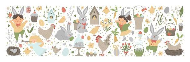 Vektor-Ostern-Layout-Set mit Hasen, Eiern und glücklichen Kindern isoliert auf weißem Hintergrund. Banner oder Einladung zum Thema christliche Feiertage. süßer lustiger frühlingshintergrund.