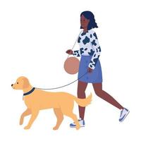 Stilvolle Frau, die mit Hund auf der Straße spazieren geht, halbflache Farbvektorfiguren