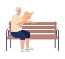 manlig pensionär läser bok och sitter på bänk semi platt färg vektor karaktär