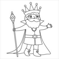 saga svart och vit kung med spira. vektor linje fantasy monark i krona och mantel. medeltida sagoprinskaraktär. tecknad magisk suverän ikon eller målarbok