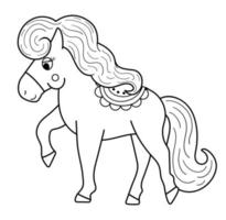 Märchen schwarz-weißes Pferd mit grünem Sattel isoliert auf weißem Hintergrund. Vektorlinie Fantasy-Tier. mittelalterliche märchenhafte pferdefigur. Cartoon magisches Symbol oder Malseite