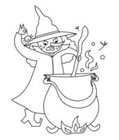 saga svart och vit vektor häxa med kittel förbereda potion. fantasilinje trollkvinna i hög hatt. sago- eller halloweenkaraktär. tecknad magisk ikon eller målarbok