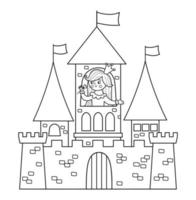 Vektor-Schwarz-Weiß-Schloss mit Prinzessin-Symbol isoliert auf weißem Hintergrund. mittelalterlicher steinpalast mit türmen, fahnen, toren. märchen königshaus illustration oder farbseite vektor