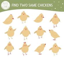 hitta två samma kycklingar. påskmatchningsaktivitet för förskolebarn med söta brudar. roligt vårspel för barn. logiskt frågeformulär. vektor