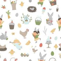 Vektoren nahtloses Muster mit Gestaltungselementen für Ostern. Wiederholen Sie den Hintergrund mit niedlichen Hasen, Kindern, farbigen Eiern, zwitschernden Vögeln, Küken, Körben. Frühling lustiges digitales Papier.
