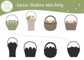 Ostern-Schattenanpassungsaktivität für Kinder mit Korb und farbigen Eiern. Vorschulchristliches Feiertagspuzzle. süßes Frühlings-Lernrätsel. Finden Sie das richtige Silhouettenspiel. vektor