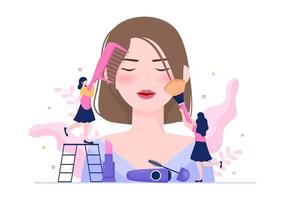 Make-up-Kosmetikkollektion von Glamour-Girls wie Nagellack, Wimperntusche, Lippenstift, Lidschatten, Pinsel oder Puder in flacher Cartoon-Vektorillustration vektor