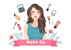 Make-up-Kosmetikkollektion von Glamour-Girls wie Nagellack, Wimperntusche, Lippenstift, Lidschatten, Pinsel oder Puder in flacher Cartoon-Vektorillustration vektor
