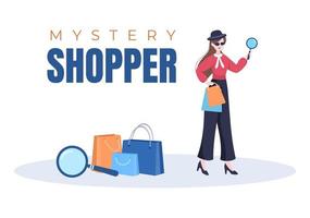 mystery shopper mit taschen in sonnenbrillen, lupe, spionagemänteln und hüten in flacher karikaturartillustration vektor