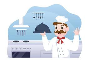 professionelle kochzeichentrickfigur, die illustration mit verschiedenen tabletts und lebensmitteln kocht, um köstliche speisen zu servieren, die in der küche hergestellt werden, die für plakate geeignet sind vektor