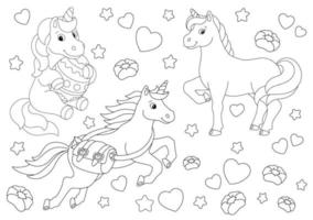 uppsättning av söta magiska enhörningar. målarbok sida för barn. seriefigur. vektor illustration isolerad på vit bakgrund.