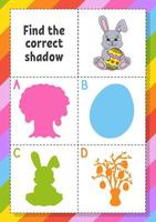 Finden Sie den richtigen Schatten. Thema Ostern. bildungsentwicklungsarbeitsblatt für kinder. Puzzlespiel. Aktivitätsseite. Zeichentrickfigur. Vektor-Illustration. vektor