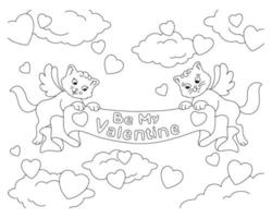 Katzen mit Flügeln halten ein Band mit einer Inschrift. Malbuchseite für Kinder. Valentinstag. Zeichentrickfigur. Vektor-Illustration isoliert auf weißem Hintergrund. vektor