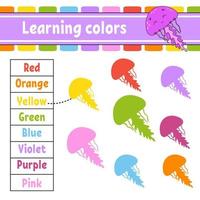 lärande färger. utbildning utveckla kalkylblad. aktivitetssida med bilder. spel för barn. isolerad vektorillustration. rolig karaktär. tecknad stil. vektor