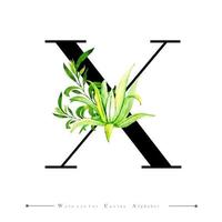 Alfabetet bokstav X med akvarell kaktus och blad vektor