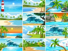 Uppsättning av naturscener med tropiska havet med stränder vektor
