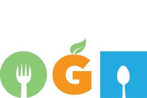 Etikett für frische Lebensmittel mit Blatt. grünes und graues Vektorlogo, Zeichen. symbol für lebensmittel, gesunde ernährung, gesundheit, menü, markt, produktdesign, geschäft, restaurant vektor