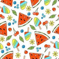 süßes nahtloses Vektormuster mit Sommerfrüchten und Eis. bunte lustige handgezeichnete doodle-elemente - wassermelone, kirsche, blaubeere, blumen und blätter auf weißem hintergrund vektor