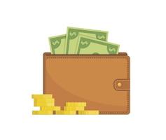 Brieftasche mit Geld und Goldmünze vektor