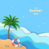 sommarlovssemesterbakgrund med utsikt över blått hav, kokospalm, simring, sandaler och badboll på papper klippt och hantverksstil vektor