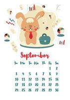 vertikal vektorkalender för september 2023 med söt tecknad affärskanin. kaninens år enligt den kinesiska kalendern, symbol för 2023. veckan börjar på söndag. vektor