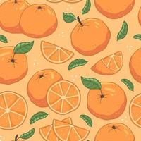 Nahtloses Fruchtmuster mit Orangen und Blättern auf orangefarbenem Hintergrund. Vektor-Illustration-Hintergrund. vektor