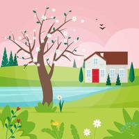 Frühlingslandschaft mit blühendem Baum und Haus. niedliche vektorillustration im flachen stil vektor