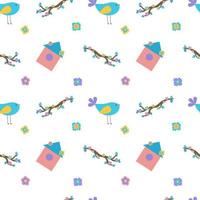 sömlös vårillustration med fågel, blommor och fågelholk. för textilier eller omslagspapper. platt illustration. vektor