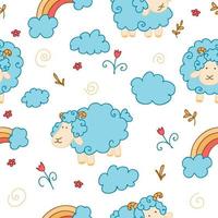 seamless mönster för barn textilier eller förpackningar med färgglada doodle stil vektorillustrationer av får, moln, regnbågar och blommor. vektor