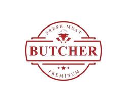 Vintage Retro Metzgerei Vektor Illustration gut für Bauernhof oder Restaurant Abzeichen mit Tieren und Fleisch Silhouetten Typografie Embleme Logo Design