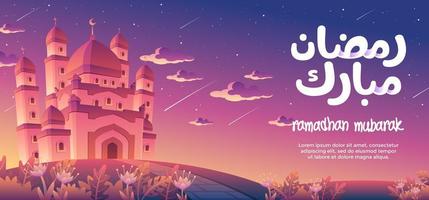Ramadhan Mubarak mit einer herrlichen Moschee in der Abenddämmerung mit vielen Sternschnuppen geschmückt vektor