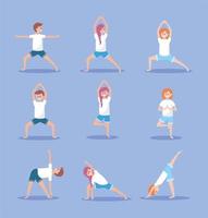 ställa in kvinnor och män öva yoga övning position vektor