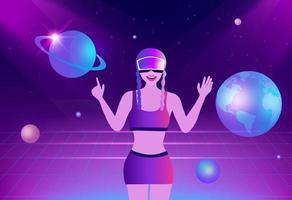 Metaverse Digital Virtual Reality und Augmented Reality-Technologie, Frau mit Virtual-Reality-Headset-Brille, die mit dem virtuellen Raum und der Vektorgrafik des Universums verbunden ist vektor