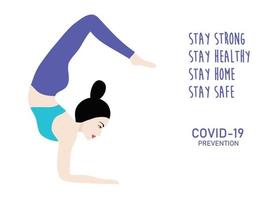 bleib stark, gesund, bleib zu hause, bleib sicher schriftzug mit schöner yoga-frau isolierte vektorillustration. covid-19 präventionskonzept für zu hause bleiben vektor