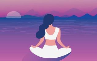 Frau sitzt auf Meditation im Sonnenuntergang Strand Hintergrund Vektor Illustration Yoga, Meditation, Entspannung, Erholung, gesunder Lebensstil Konzept Hintergrund