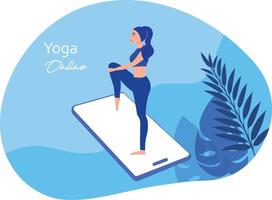 yoga online hemma koncept, kvinna tittar på online yoga på mobilen och träna hemma vektorillustration vektor